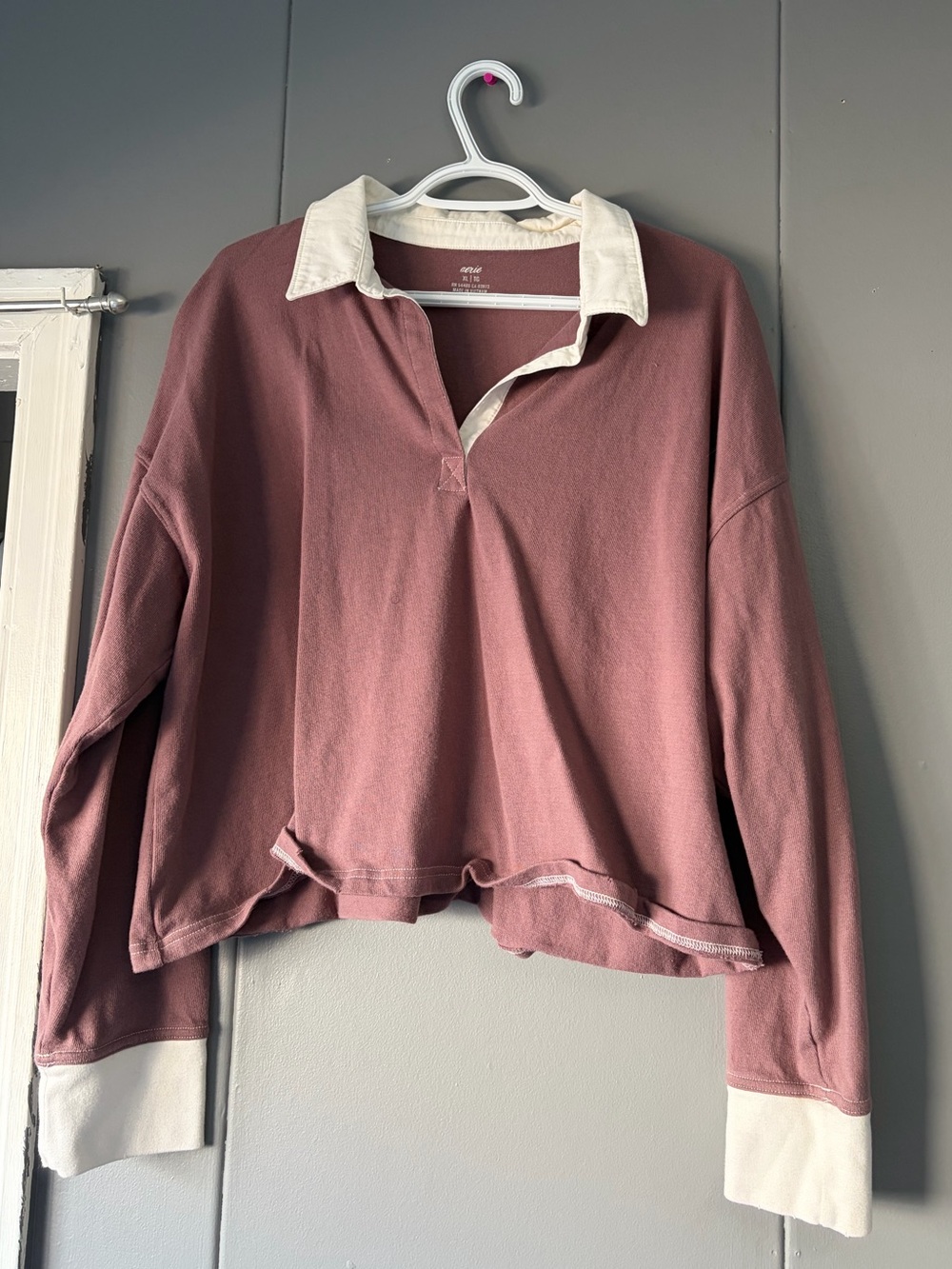 aerie Cropped Rugby Pullover in Dusty Rose with Cream Collar